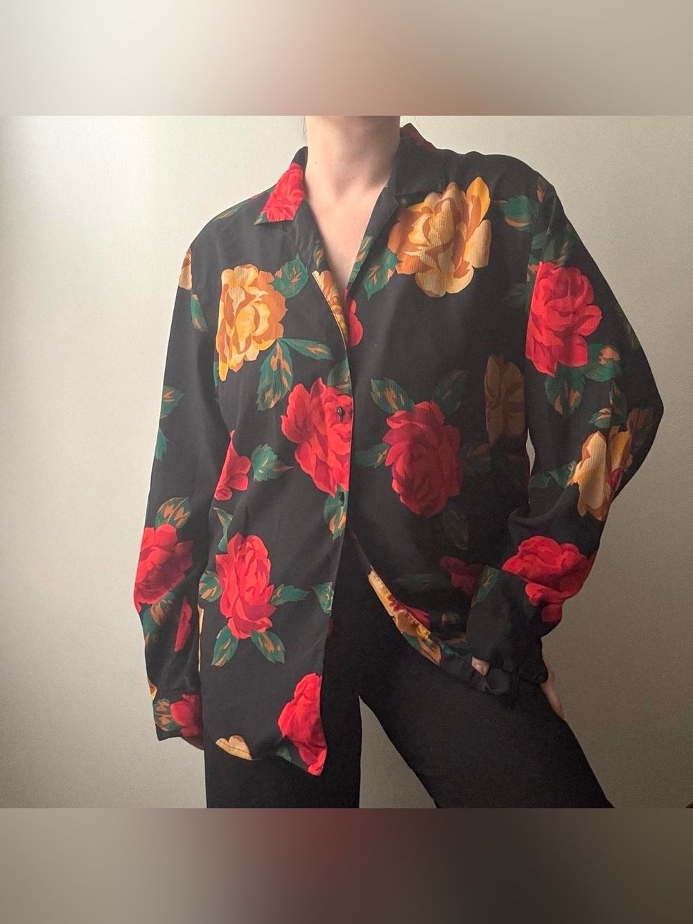Vintage Sandy Baldanza Marisa Christina black rose print button up blouse